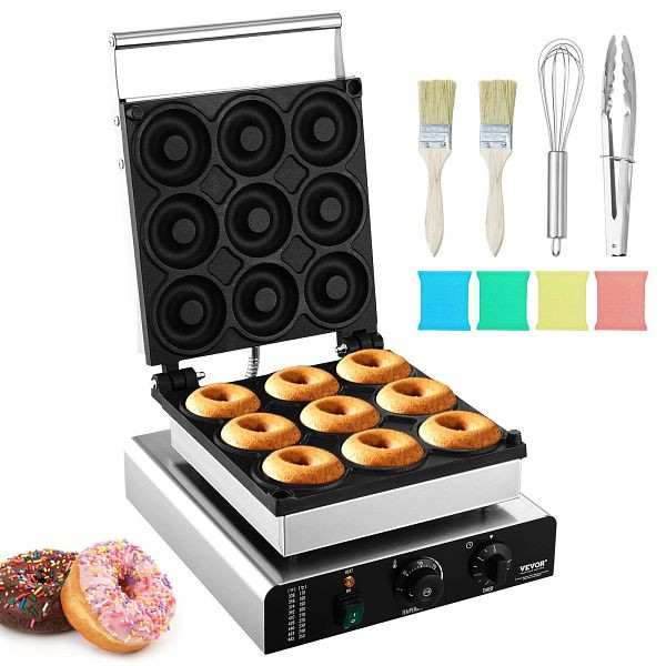 VEVOR Elektrischer Donutmaker, 2 kW mit Antihaftbeschichtung, 9 Löcher, Doppelseitige Heizwaffelmaschine für 9 Donuts, 50–300 °C, XXSYTTQJ155028US3V2