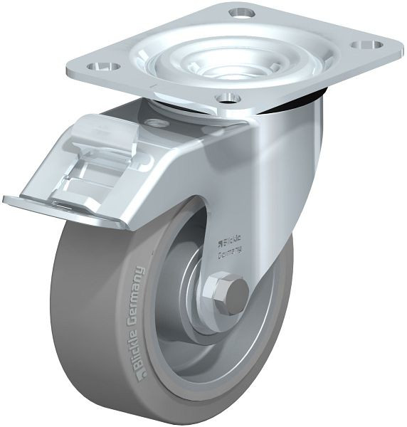 Blickle L-ALEV 100K-FI-SG Stahlblech-Lenkrolle, mittelschwere Ausführung, mit Anschraubplatte & Feststeller, Elastik-Vollgummi, Grau, 693101