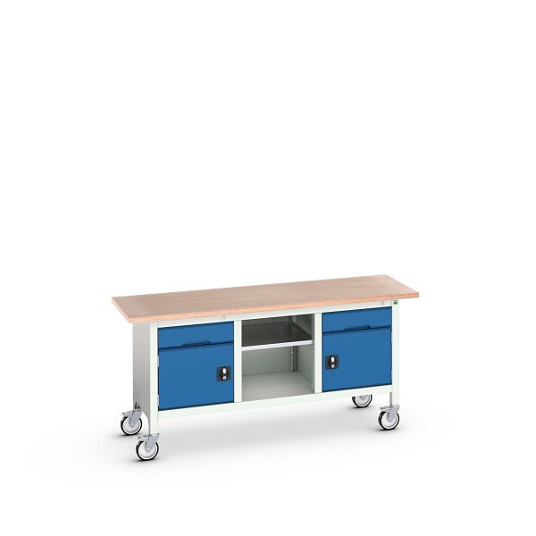 bott verso mobile Kastenwerkbank (Multiplex) 2 Schubladen, 2 Türen und 1 Ablageboden, BxTxH: 1750 x 600 x 830 mm, Lichtgrau / Enzianblau, 16923221.11