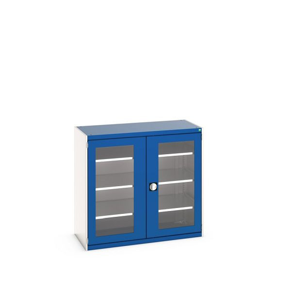 bott cubio Sichtfensterschrank bestückt, mit 3 Fachböden, BxTxH: 1300x650x1200mm, Enzianblau, 40022058.11V