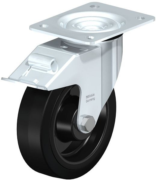 Blickle LE-POEV 160R-FI Stahlblech-Lenkrolle mit Anschraubplatte & Feststeller, Elastik-Vollgummi, Schwarz, 412304