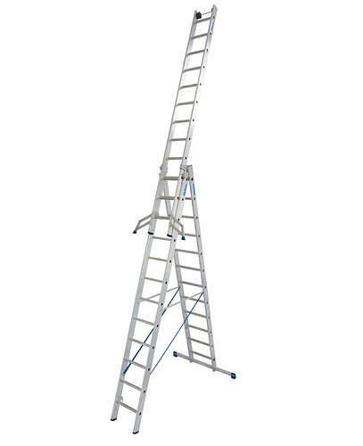 DENIOS Vielzweckleiter aus Aluminium, mit 3 x 12 Sprossen, 2 Wandlaufrollen, 137571
