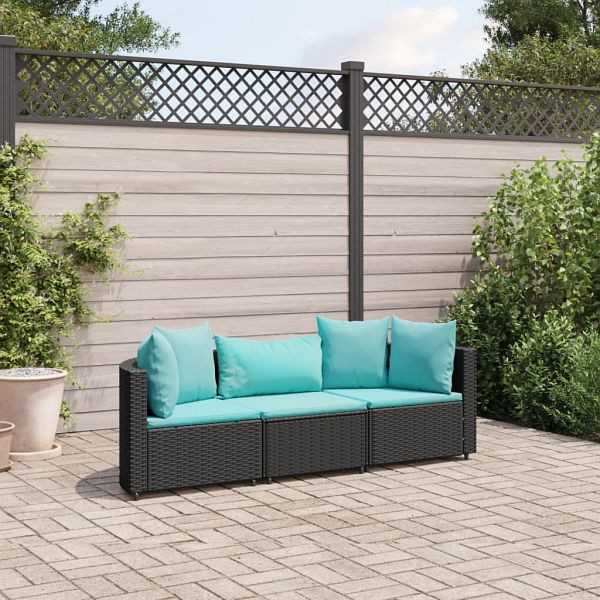 vidaXL 3-teilig Garten-Sofagarnitur mit Kissen Schwarz Poly Rattan, 3308452