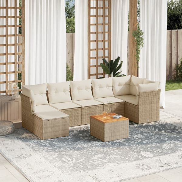 vidaXL 8-teilig Garten-Sofagarnitur mit Kissen Beige Poly Rattan, 3256086