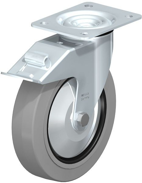 Blickle LE-POEV 200R-FI-SG-FA Stahlblech-Lenkrolle mit Anschraubplatte & Feststeller, Elastik-Vollgummi, Grau, 749656