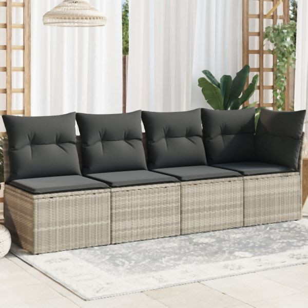 vidaXL Gartensofa mit Kissen 4-Sitzer Hellgrau Poly Rattan, 366177