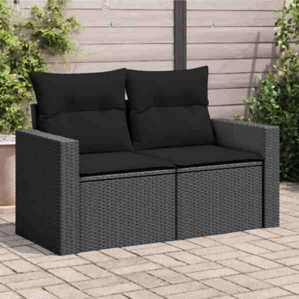vidaXL Gartensofa mit Kissen 2-Sitzer Schwarz Poly Rattan, UV-beständig, 365971