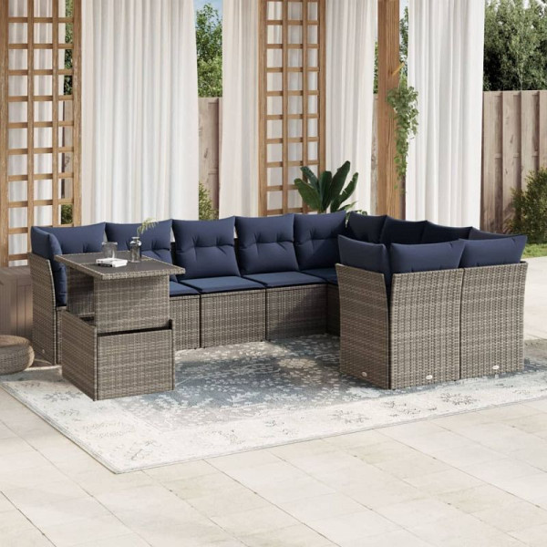 vidaXL 10-teiliges Gartensofa-Set mit Kissen, grau, Polyrattan, 3266851