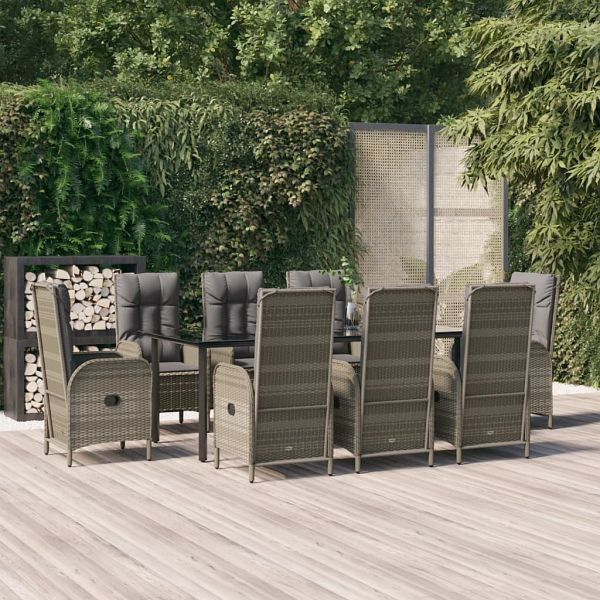 vidaXL 9-tlg. Garten-Essgruppe mit Kissen Schwarz und Grau Poly Rattan, 3185204