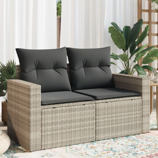 vidaXL Gartensofa mit Kissen 2-Sitzer Hellgrau Poly Rattan, 366195