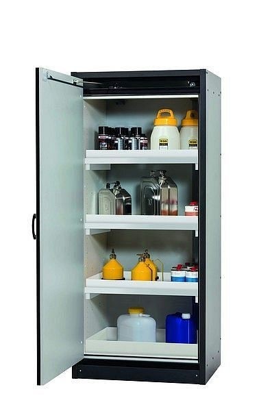 asecos Sicherheitsschrank Q-CLASSIC-30, Q30.195.086.WD in sicherheitsgelb RAL 1004 mit 3x Wannenboden Standard (Polypropylen), 31008-060-30051