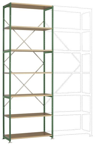 Manuflex Schweres Fachboden-Steckregal Grundregal mit 7 Holzverbundböden, HxBxT = 3000 x 1030 x 600 mm, resedagrün, RP1613.6011