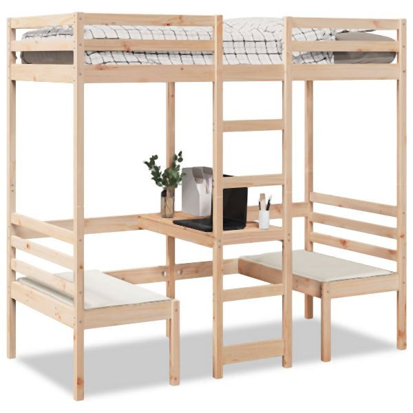 vidaXL Hochbett mit Schreibtisch & Stühlen 75x190 cm Massivholz Kiefer, 3308562