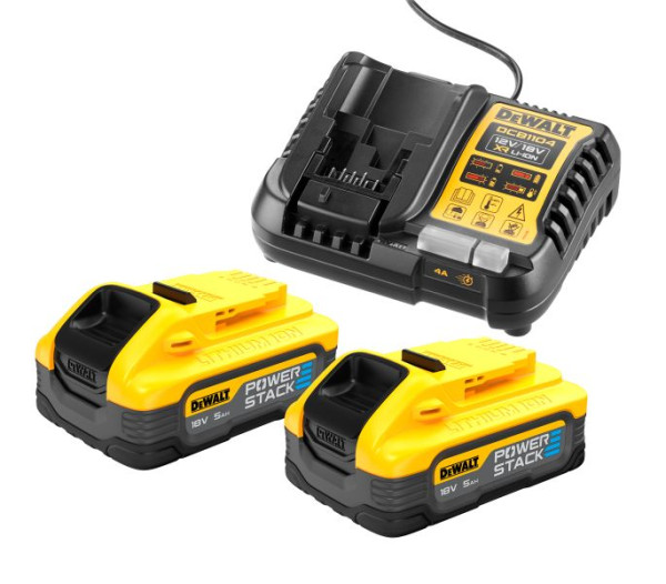 DeWalt 2x 18 Volt / 5 Ah Powerstack Starter-Set inkl. System-Schnellladegerät DCB 1104, DCB1104H2-QW