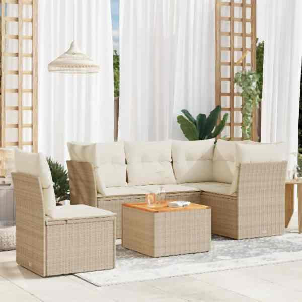 vidaXL 6-tlg. Garten-Sofagarnitur mit Kissen Beige Poly Rattan, UV-beständig, 3255974