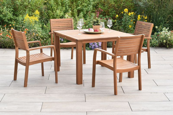 Merxx Batavia Set 5-teilig, 4 Batavia Stapelsessel, 1 quadratischer Tisch, 110 x 110 cm, FSC Akazienholz, 50607-011
