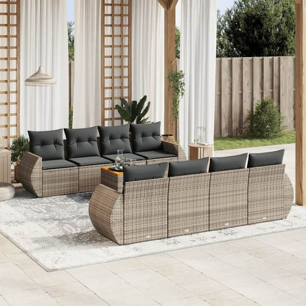 vidaXL 9-tlg. Garten-Sofagarnitur mit Kissen Grau Poly Rattan, UV-beständig, 3224926