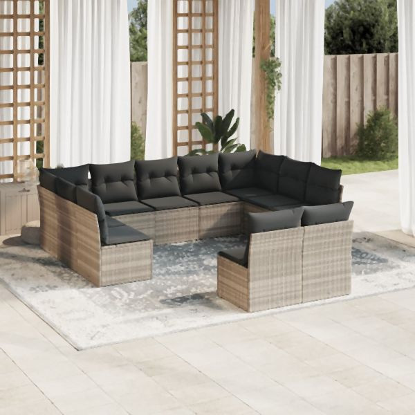 vidaXL 11-tlg. Garten-Sofagarnitur mit Kissen Hellgrau Poly Rattan, 3218352