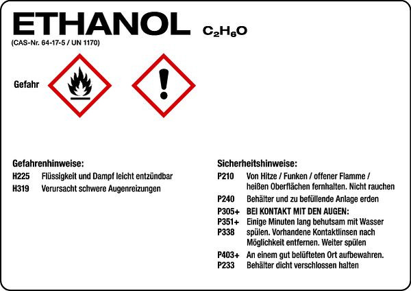Schilder Klar Gefahrengutkennzeichnung GHS-Gefahrstoffetiketten: Ethanol, 148x105 mm Folie selbstklebend, 506/32