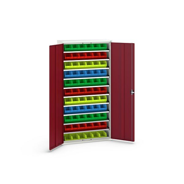 bott verso Magazinschrank, mit 10 Fachböden und 66 Sichtlagerkästen, BxTxH: 1050 x 350 x 2000 mm, Lichtgrau / Purpurrot, 16926501.24
