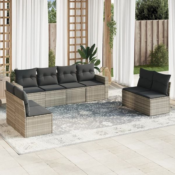 vidaXL 9-tlg. Garten-Sofagarnitur mit Kissen Hellgrau Poly Rattan, 3218852