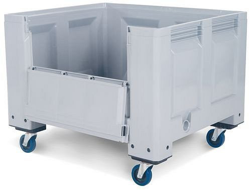 DENIOS Palettenbox PB 10-RK aus Kunststoff, mit 4 Lenkrollen und Frontklappe, 670 Liter, 217098