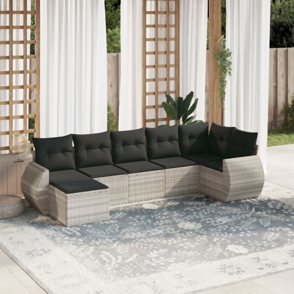 vidaXL 7-tlg. Garten-Sofagarnitur mit Kissen Hellgrau Poly Rattan, 3254019