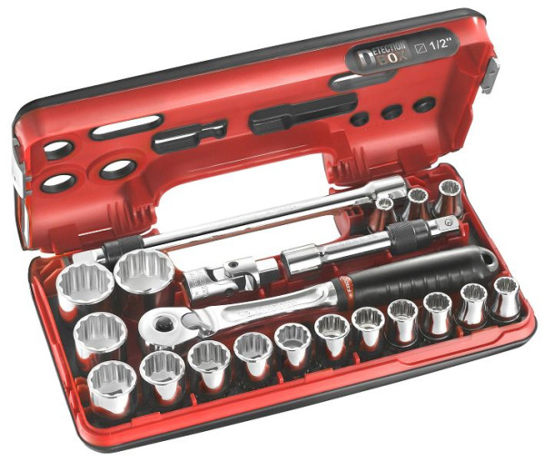 Facom Sortiment 1/2" - Antriebselemente, Zwölfkant-Steckschlüssel, Umschaltknarre, Detection-Box, 21-teilig, SL.DBOX501