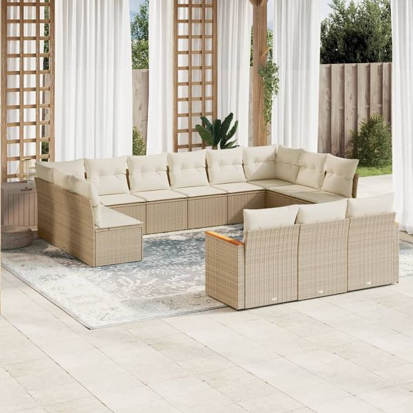 vidaXL 13-teilig Garten-Sofagarnitur mit Kissen Beige Poly Rattan, 3226457