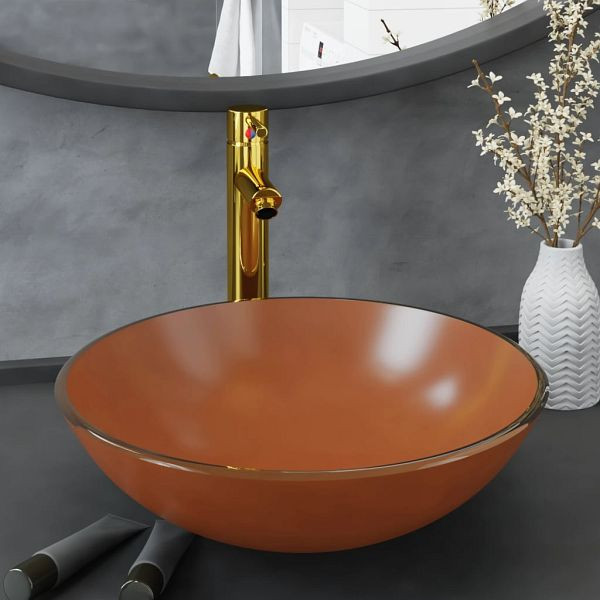 vidaXL Badezimmer Waschbecken mit Wasserhahn und Ablaufgarnitur Braun Gehärtetes Glas, 3098456