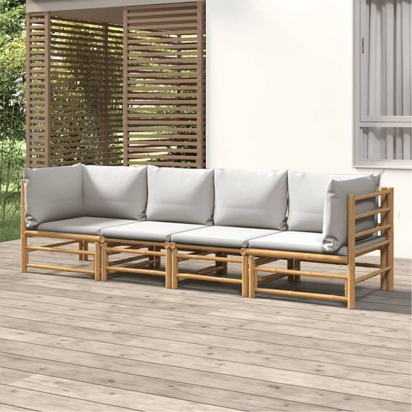 vidaXL 4-tlg. Garten-Lounge-Set mit Hellgrauen Kissen Bambus, 3155088