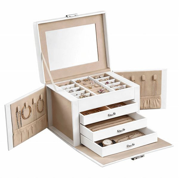 SONGMICS Schmuckschatulle, Schmuckorganizer auf 4 Ebenen, abschließbare Schmuckaufbewahrungsbox mit Tabletts, Samtfutter, weiße, JBC159W01