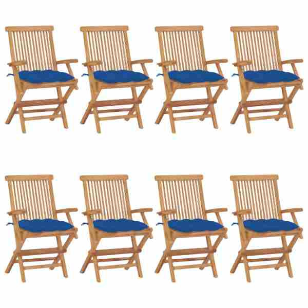 vidaXL Gartenstühle mit Blauen Kissen 8 Stück Massivholz Teak, 3072914
