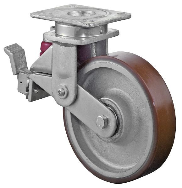 BS Rollen Gefederte Schwerlastrolle mit Feststeller, Breite 50 mm, Ø200 mm, bis 600 kg, Guss-Polyurethan 95 Shore A, Körper Guss, Kugellager, T120.C10.200