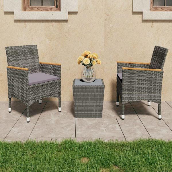 vidaXL 3-teilig Bistro-Set Poly Rattan und Hartglas Grau, 3058365