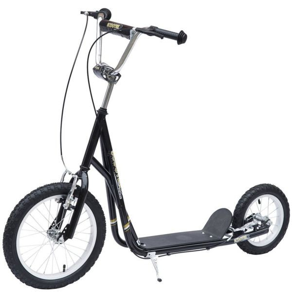 HOMCOM Kinderroller mit Bremsen 16/12 Zoll für 5+ Jahre Kinder Schwarz 135 x 58 x 92-100 cm, 371-028BK