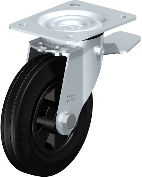 Blickle LE-VPP 160R-ST Stahlblech-Lenkrolle mit Anschraubplatte & Feststeller, Vollgummi, Schwarz, 338061