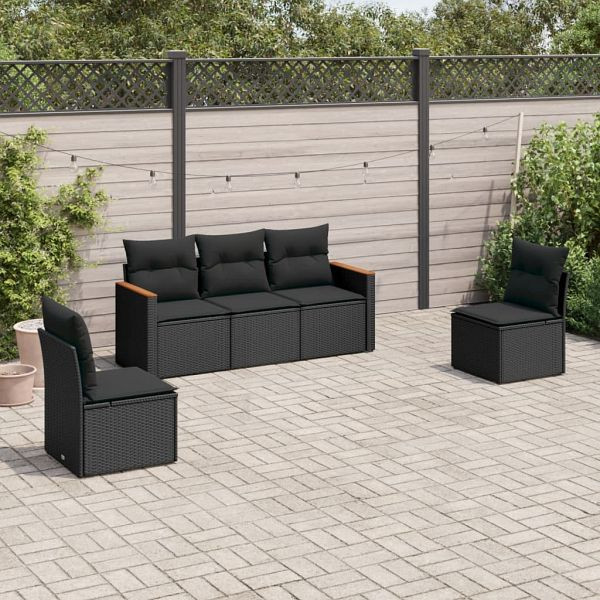 vidaXL 5-teilig Garten-Sofagarnitur mit Kissen Schwarz Poly Rattan, 3225845