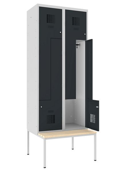 KEMMLIT Z-Spind mit 2 Abteilen und 4 Türen 40cm mit Sitzbank, Anthrazitgrau 7016, Drehriegel, 100172