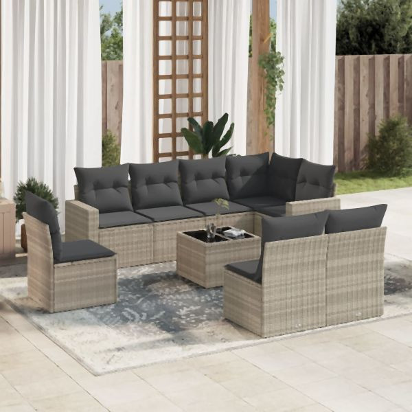 vidaXL 9-tlg. Garten-Sofagarnitur mit Kissen Hellgrau Poly Rattan, 3219072