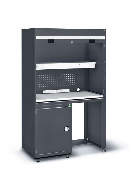 bott Kompaktarbeitsplatz, Tür, Rollladen LED, 2 Fachböden, Steckdosenleiste BxTxH: 1300 x 650 x 2050 mm, RAL 7035, 40201028.16V