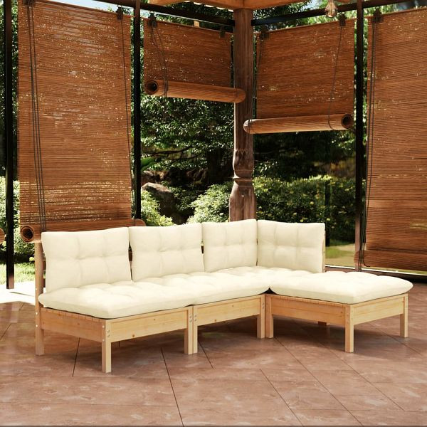 vidaXL 4-teilig Garten-Lounge-Set mit Creme Kissen Kiefernholz, 3096298