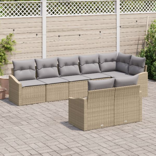 vidaXL 8-teiliges Garten Essset mit Kissen Beige Poly Rattan, 3355439