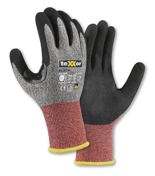 teXXor Schnittschutz-Strickhandschuhe CUT F, Farbe: grau-meliert/rot/schwarz, Größe: 7, VE: 12 Paar, 2640-7