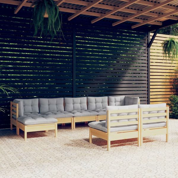 vidaXL 9-teilig Garten-Lounge-Set mit Grauen Kissen Kiefernholz, 3097102