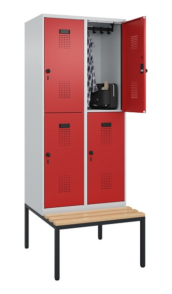 C+P Doppelstock-Spind Evolo PLUS, Bank, 4 Fächer, 2120x800x815mm, 7035/3000, Drehriegel, Sitzfläche Buche-Hartholz, Sitzbank, 0493507-22 S10003