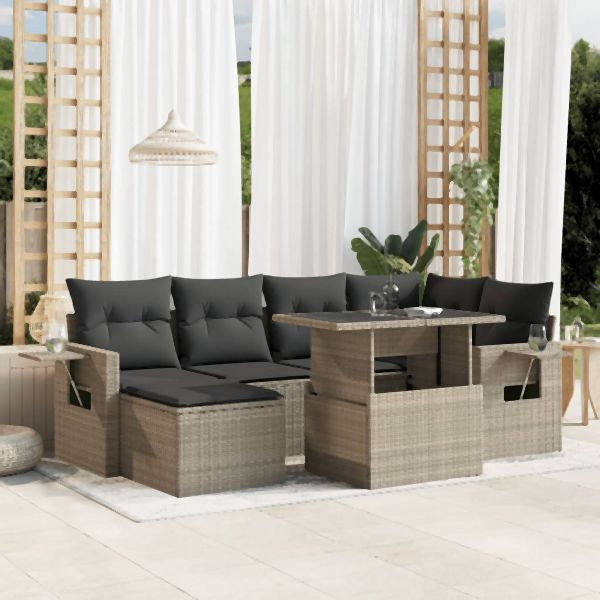 vidaXL 7-tlg. Garten-Sofagarnitur mit Kissen Hellgrau Poly Rattan, 3268052