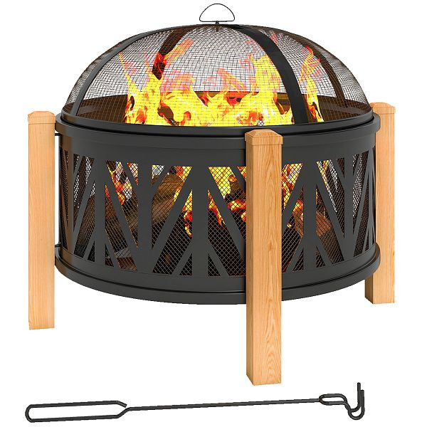 Outsunny 2-in-1 Feuerschale Ø75 x 58 cm Feuerstelle mit Funkenschutz Schürhaken Grillrost Schwarz, 842-172V01BK