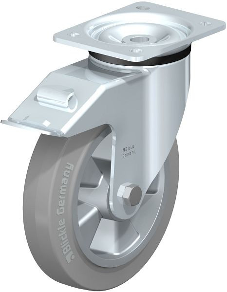 Blickle LK-ALEV 200K-FI-SG Stahlblech-Lenkrolle, schwere Ausführung, mit Anschraubplatte & Feststeller, Elastik-Vollgummi, Grau, 656157