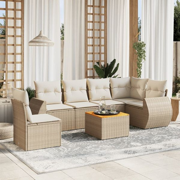 vidaXL 7-teilig Garten-Sofagarnitur mit Kissen Beige Poly Rattan, 3225029